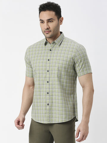 Green Half Sleeves Twill Checked Shirt With Pocket