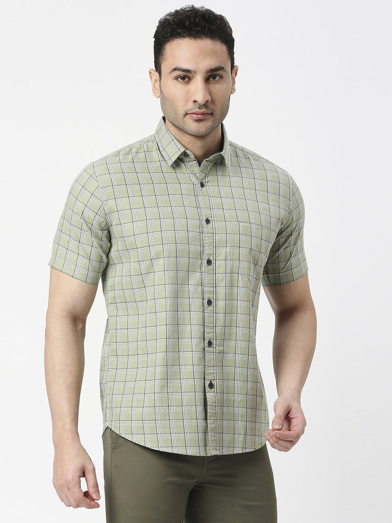 Green Half Sleeves Twill Checked Shirt With Pocket