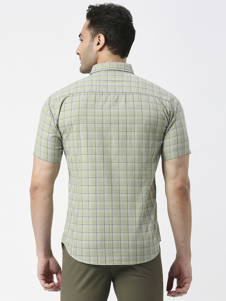 Green Half Sleeves Twill Checked Shirt With Pocket