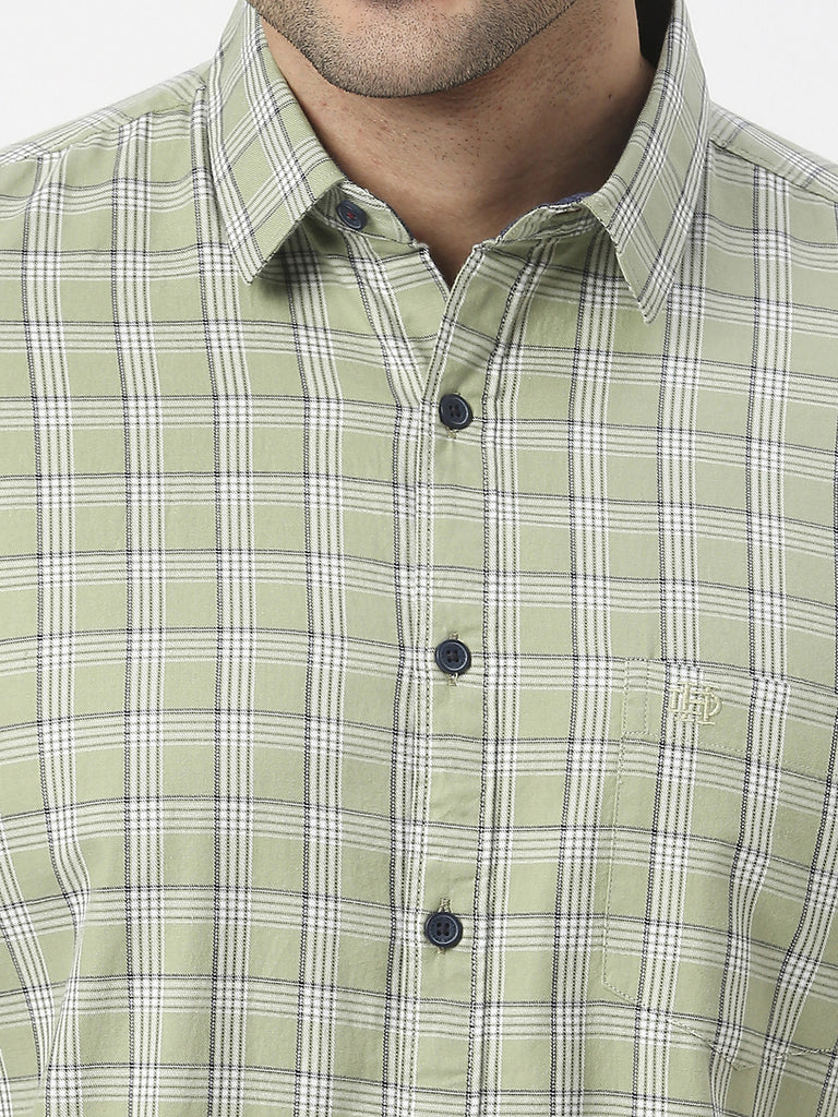 Green Half Sleeves Twill Checked Shirt With Pocket