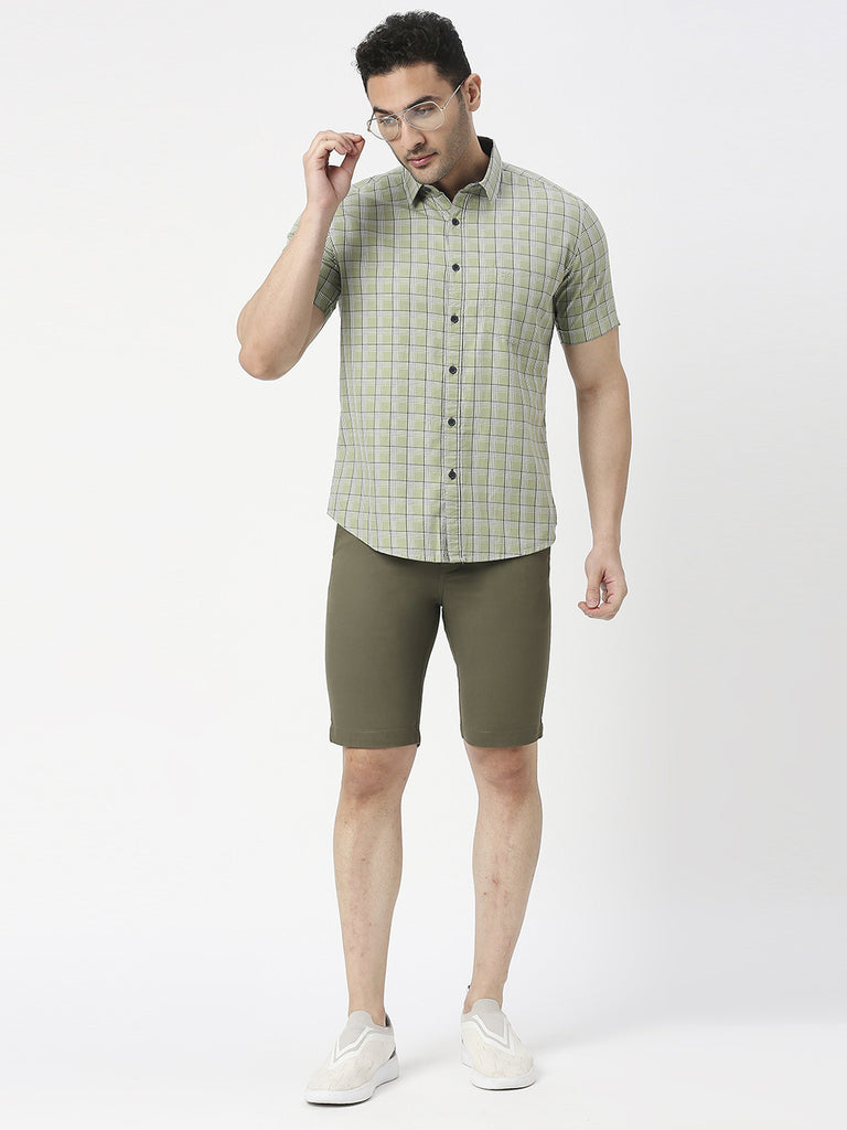 Green Half Sleeves Twill Checked Shirt With Pocket