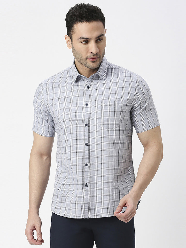 Light Grey Half Sleeves Twill Checked Shirt With Pocket