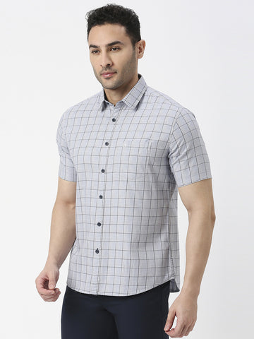 Light Grey Half Sleeves Twill Checked Shirt With Pocket