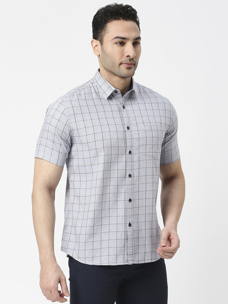 Light Grey Half Sleeves Twill Checked Shirt With Pocket