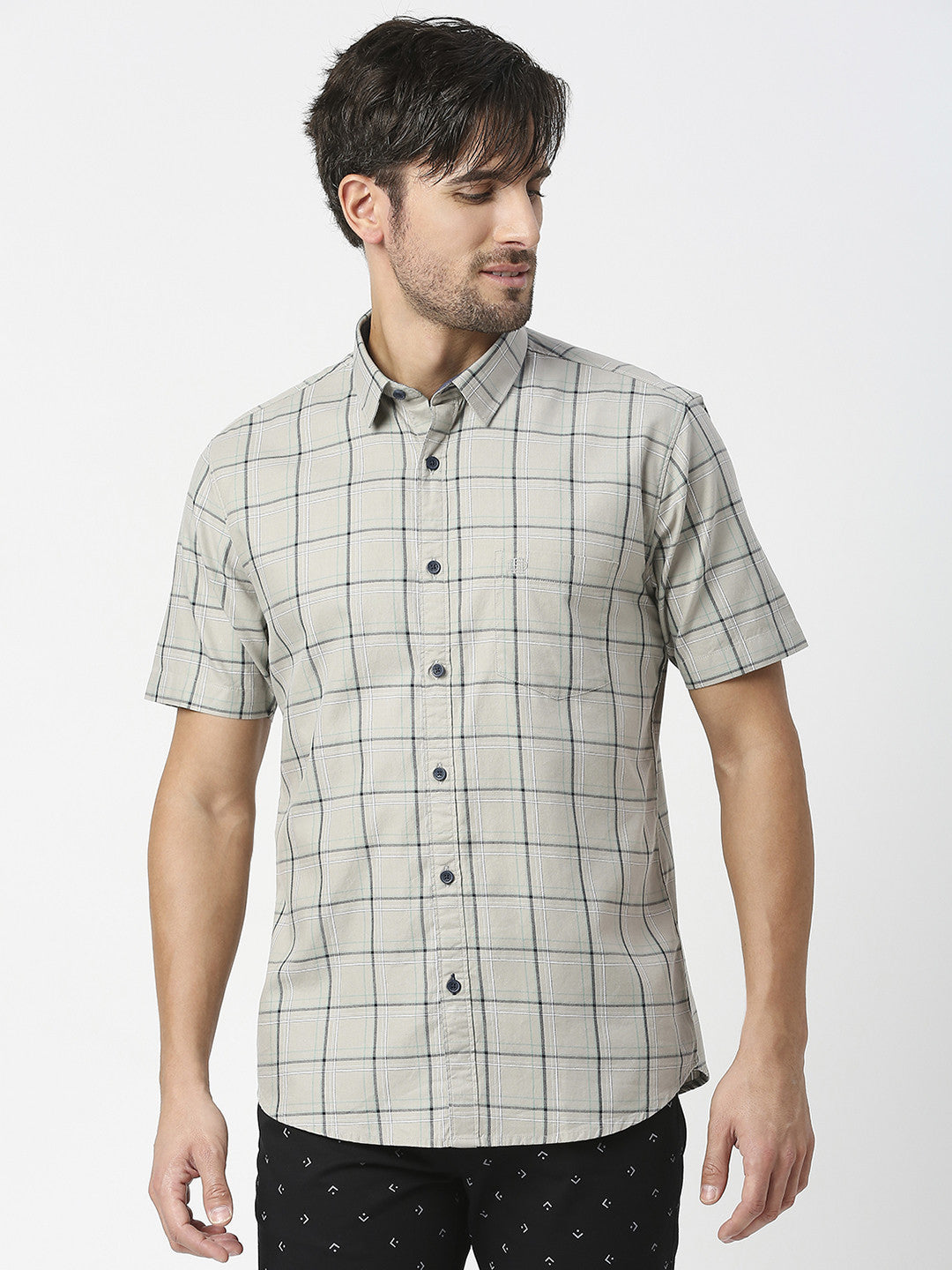 Cement Grey Half Sleeves Checked Twill Shirt With Pocket