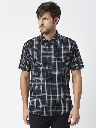 Navy Half Sleeves Checked Twill Shirt With Pocket