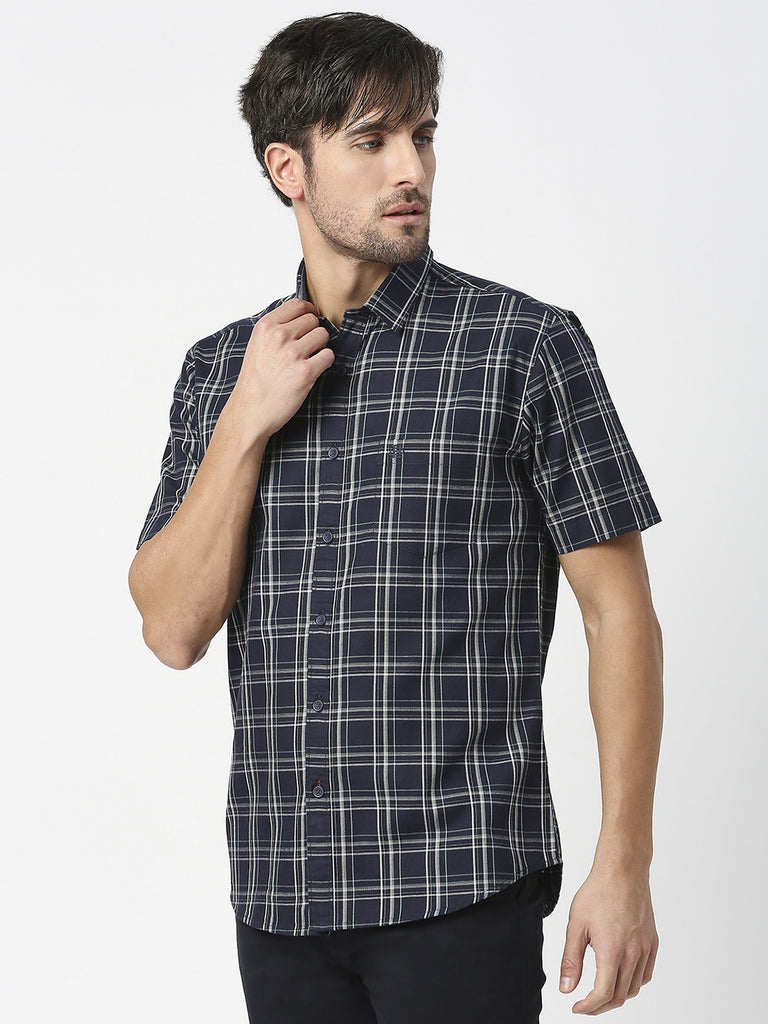 Navy Half Sleeves Checked Twill Shirt With Pocket