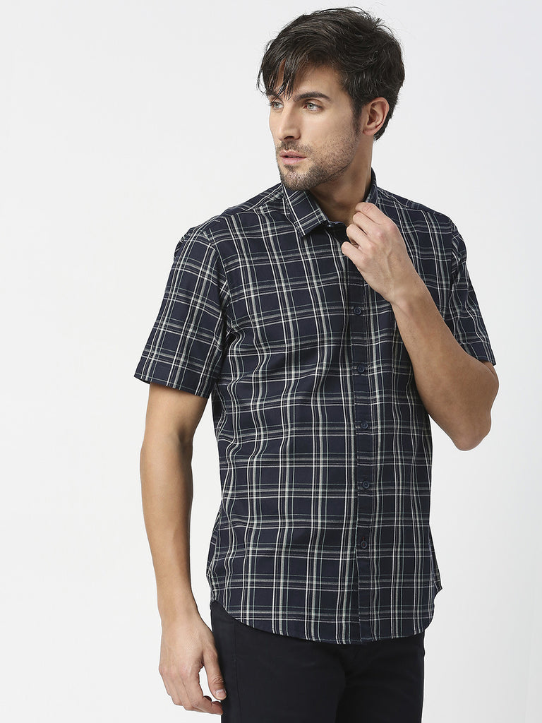 Navy Half Sleeves Checked Twill Shirt With Pocket