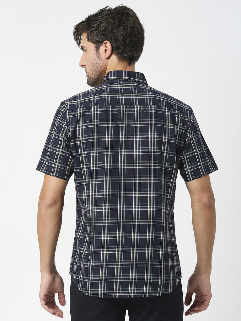 Navy Half Sleeves Checked Twill Shirt With Pocket