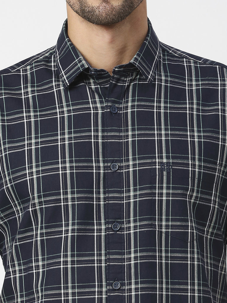 Navy Half Sleeves Checked Twill Shirt With Pocket