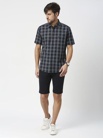 Navy Half Sleeves Checked Twill Shirt With Pocket