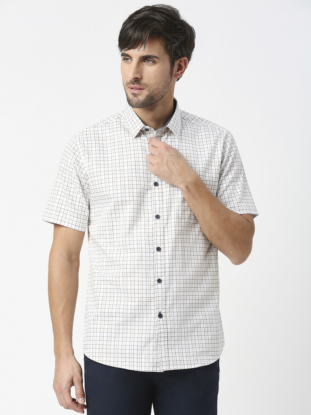 White Half Sleeves Twill Checked Shirt With Pocket