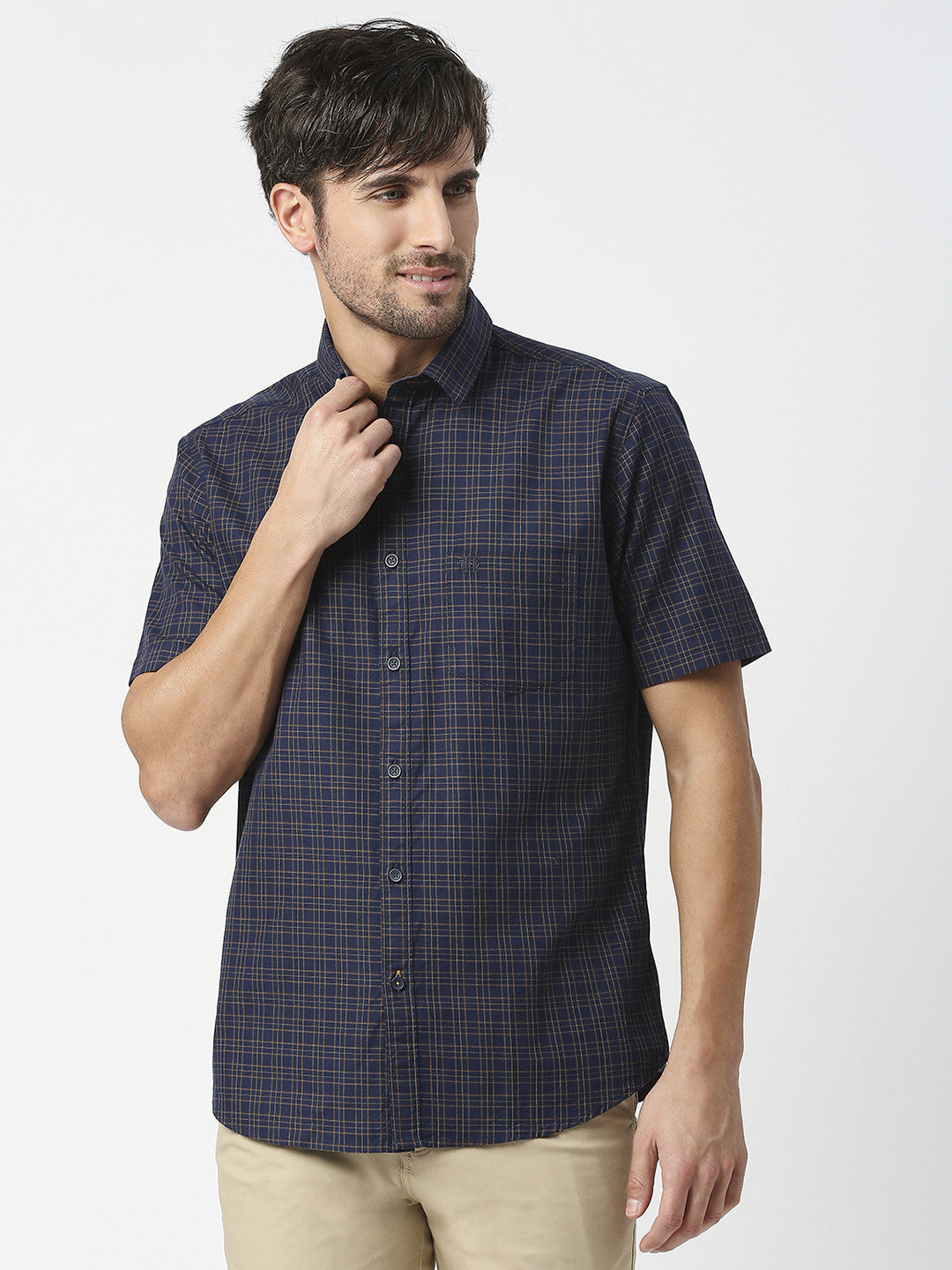 Navy Blue Half Sleeves Twill Checked Shirt With Pocket