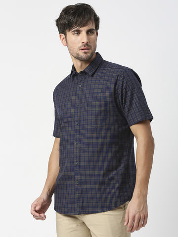 Navy Blue Half Sleeves Twill Checked Shirt With Pocket