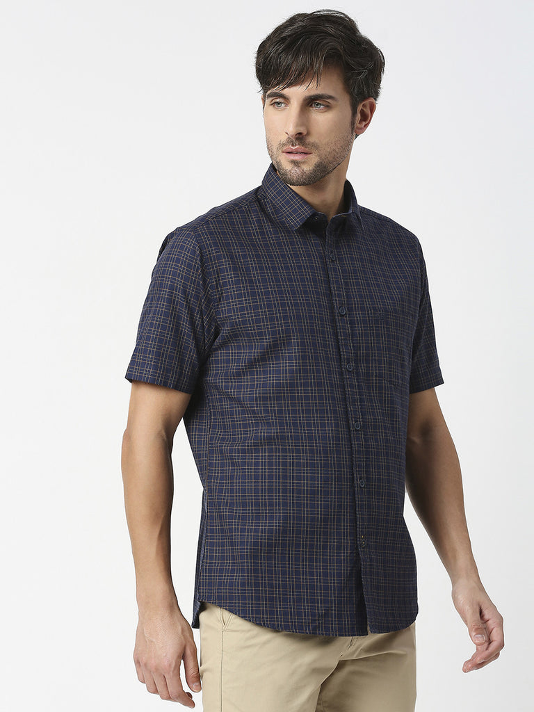 Navy Blue Half Sleeves Twill Checked Shirt With Pocket