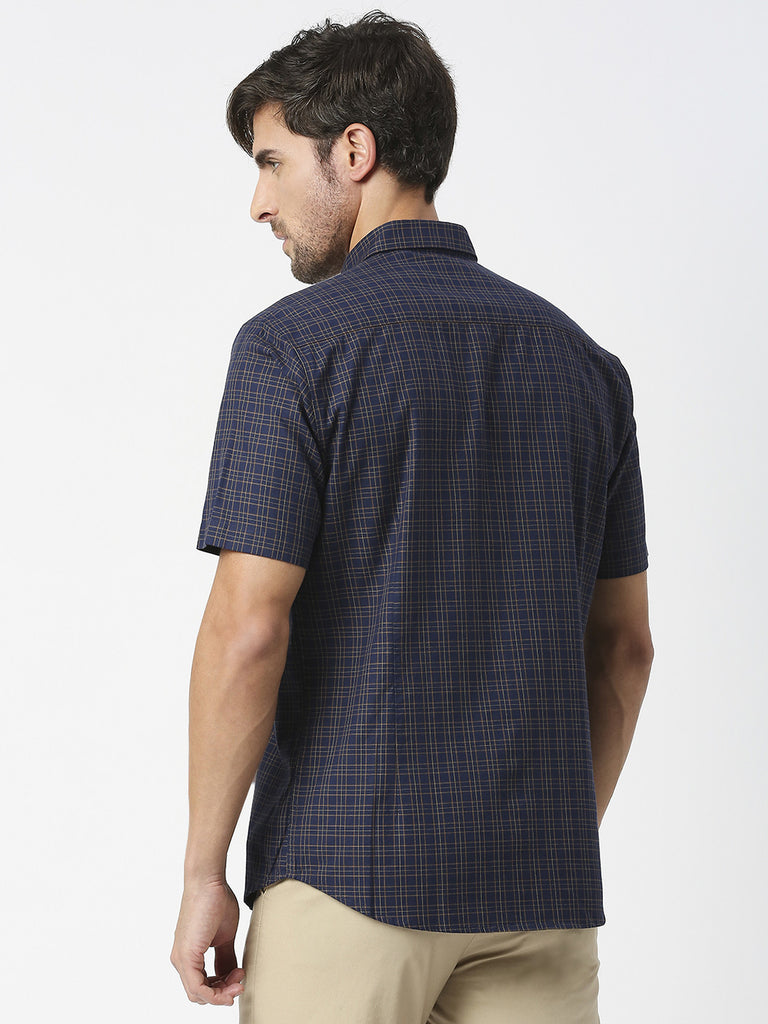 Navy Blue Half Sleeves Twill Checked Shirt With Pocket