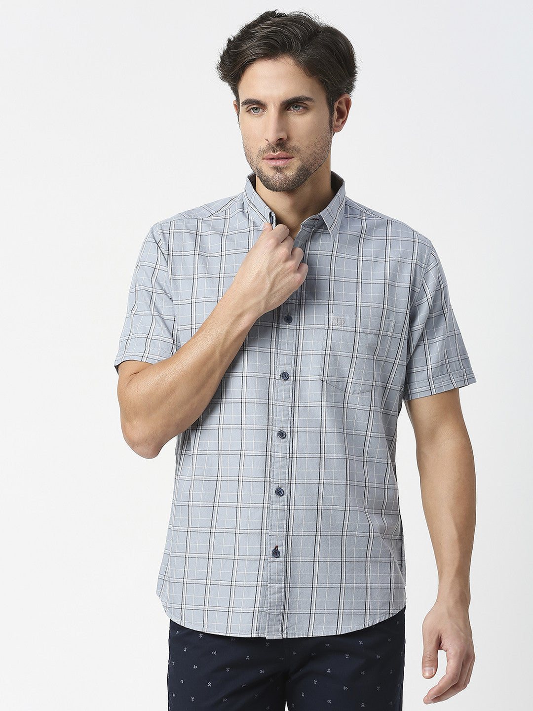 Light Grey Half Sleeves Checked Twill Shirt With Pocket