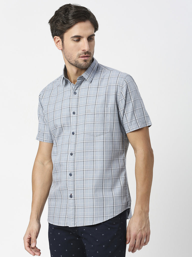 Light Grey Half Sleeves Checked Twill Shirt With Pocket