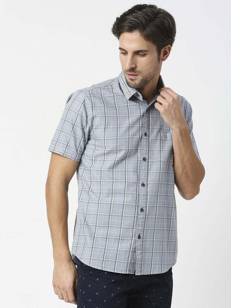 Light Grey Half Sleeves Checked Twill Shirt With Pocket