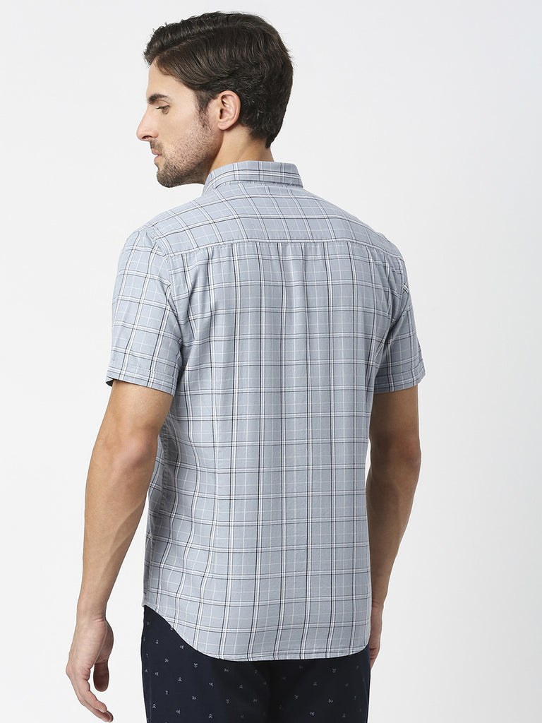 Light Grey Half Sleeves Checked Twill Shirt With Pocket