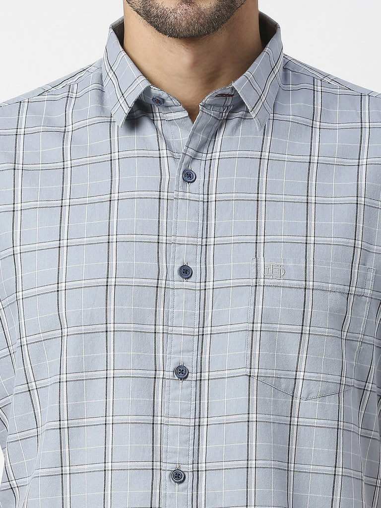 Light Grey Half Sleeves Checked Twill Shirt With Pocket