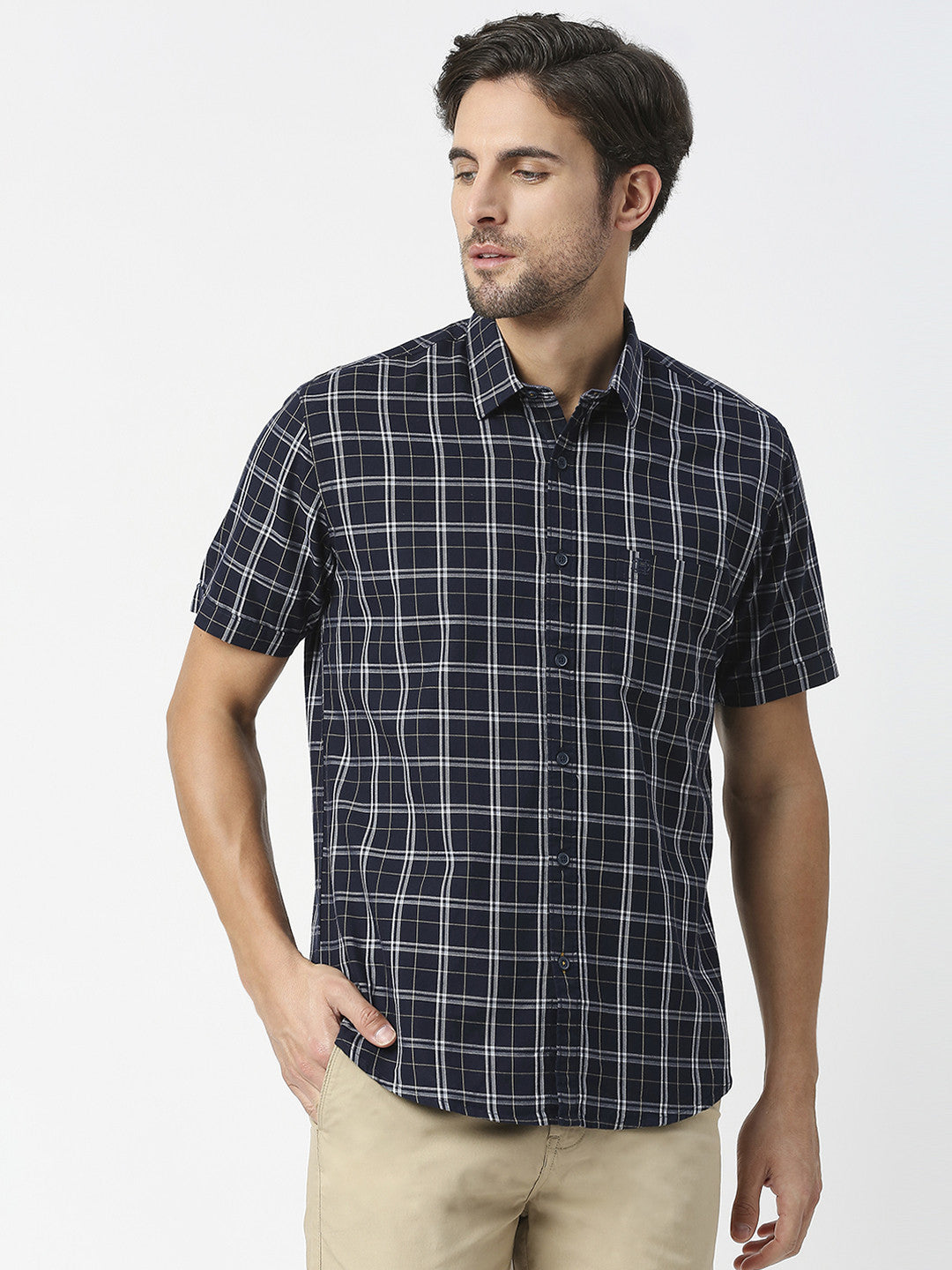 Navy Half Sleeves Checked Twill Shirt With Pocket