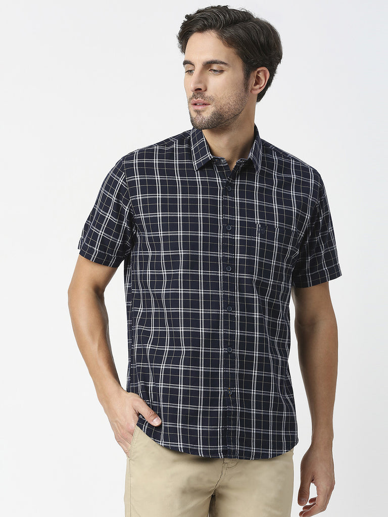Navy Half Sleeves Checked Twill Shirt With Pocket