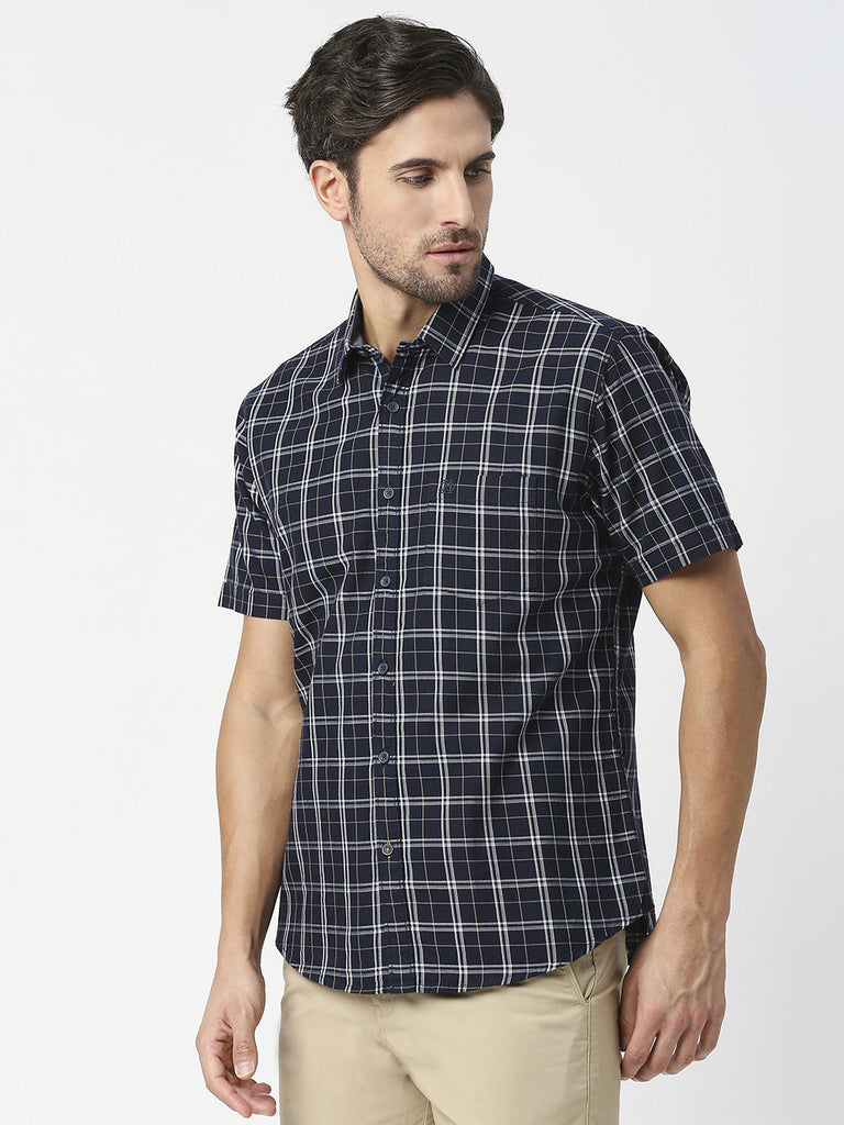 Navy Half Sleeves Checked Twill Shirt With Pocket