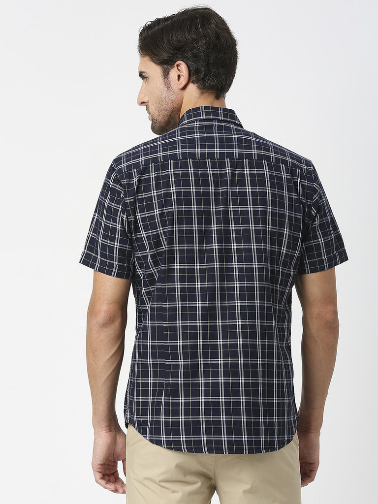 Navy Half Sleeves Checked Twill Shirt With Pocket