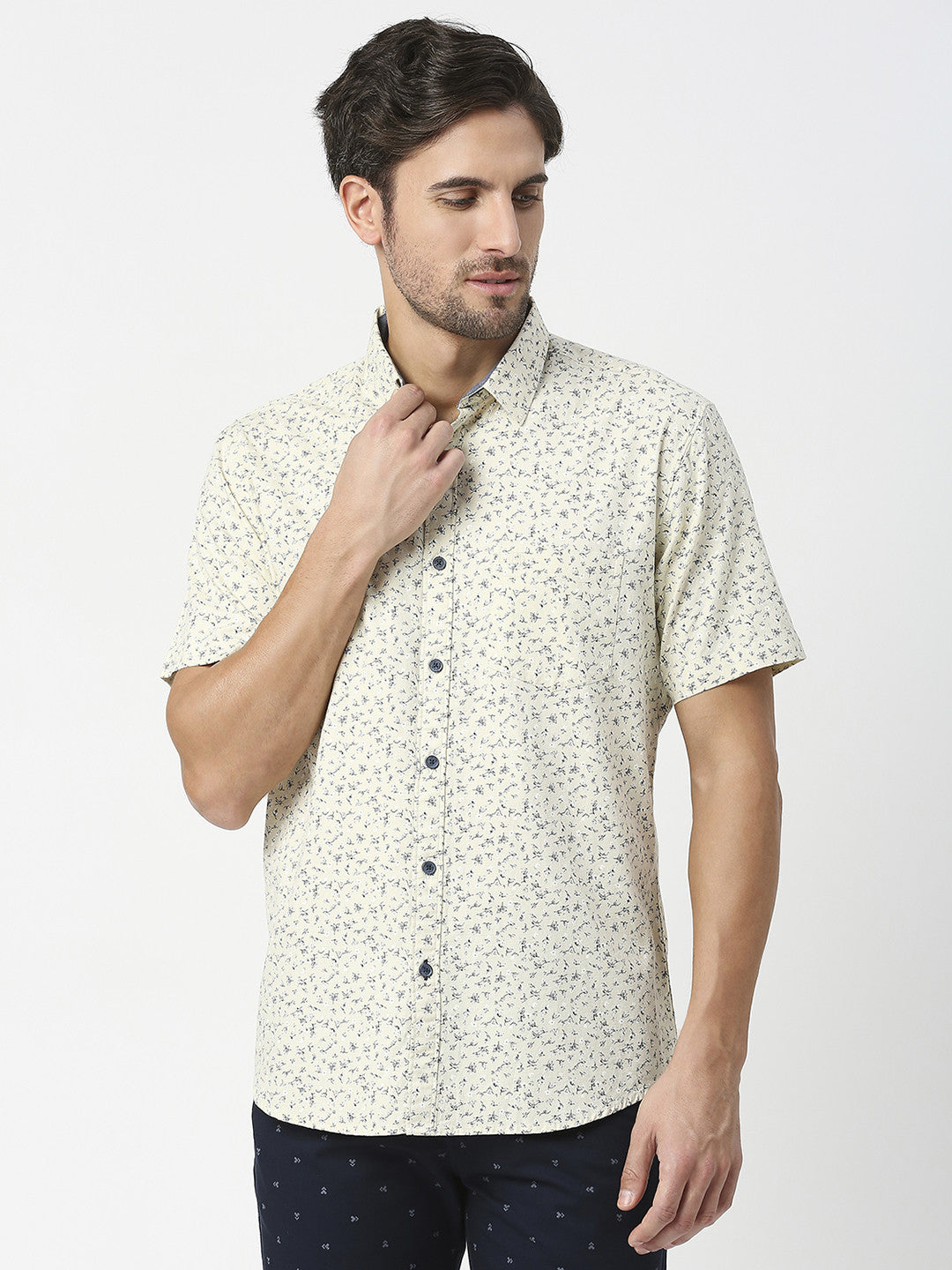 Lemon Yellow Half Sleeves Printed Shirt With Pocket