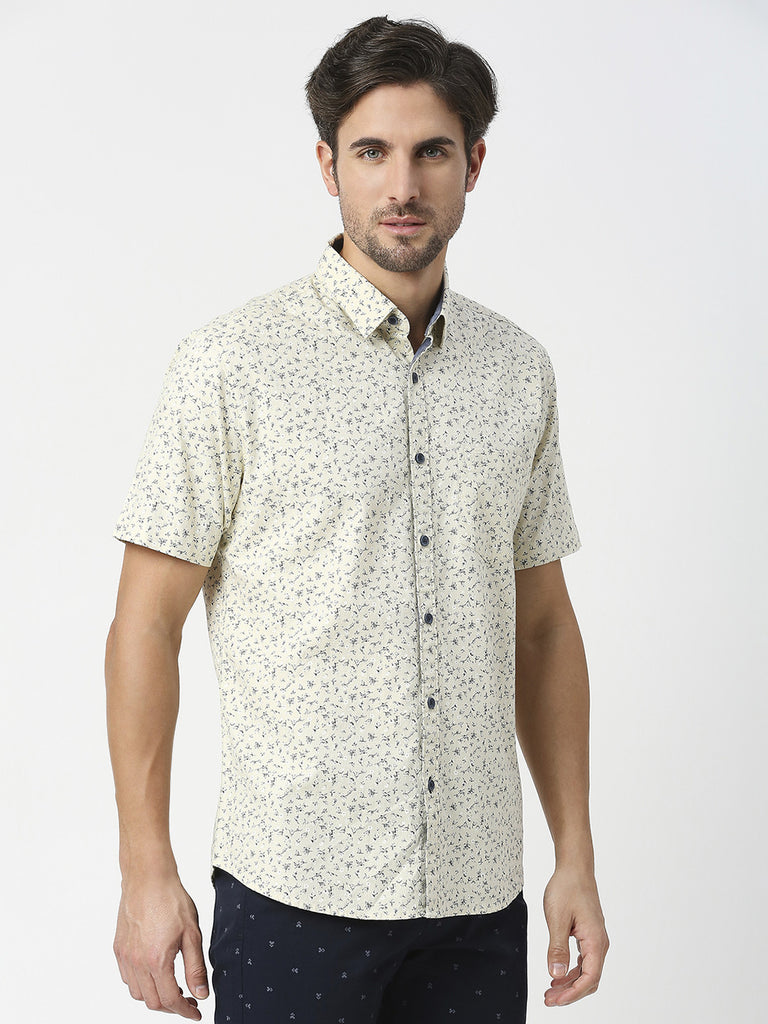 Lemon Yellow Half Sleeves Printed Shirt With Pocket