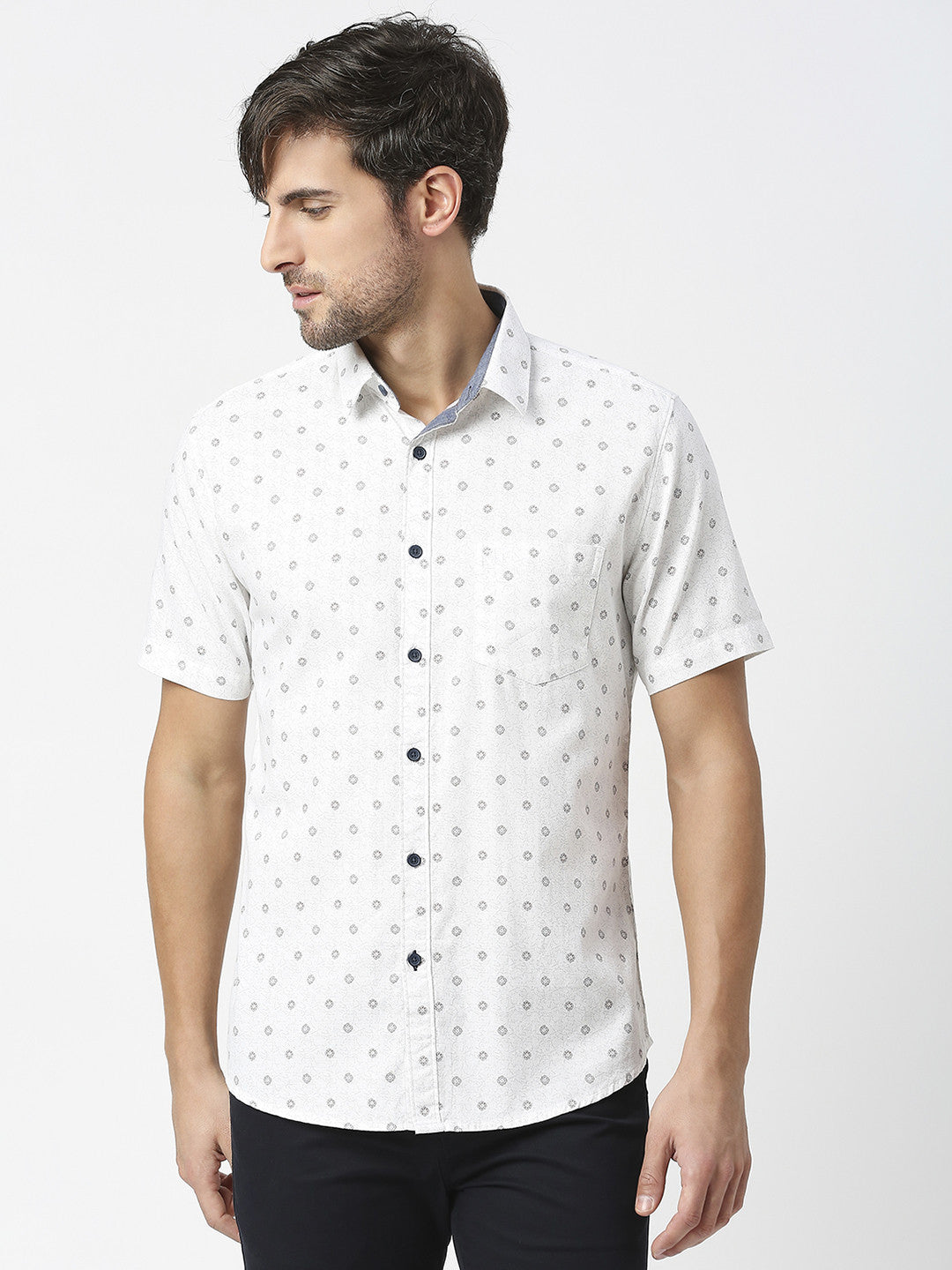 White Half Sleeves Printed Shirt With Pocket