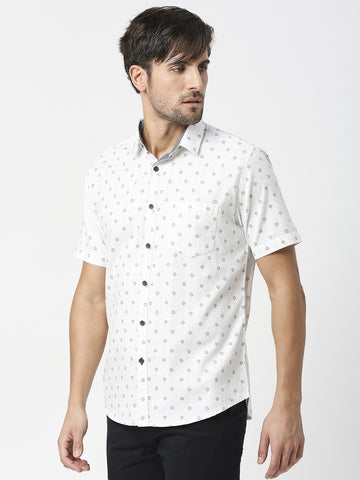 White Half Sleeves Printed Shirt With Pocket