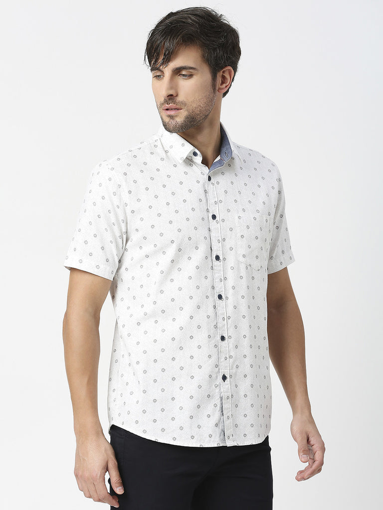 White Half Sleeves Printed Shirt With Pocket