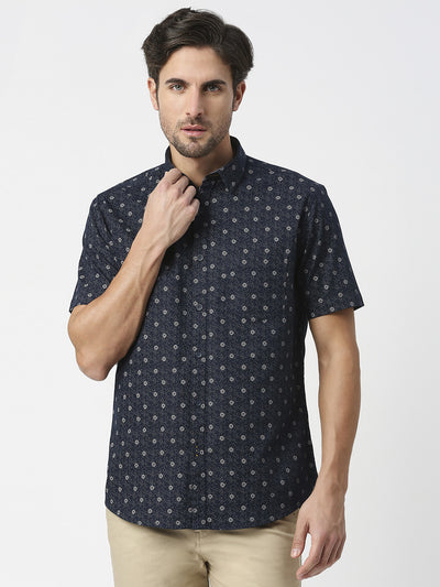 Navy Blue Half Sleeves Printed Shirt With Pocket