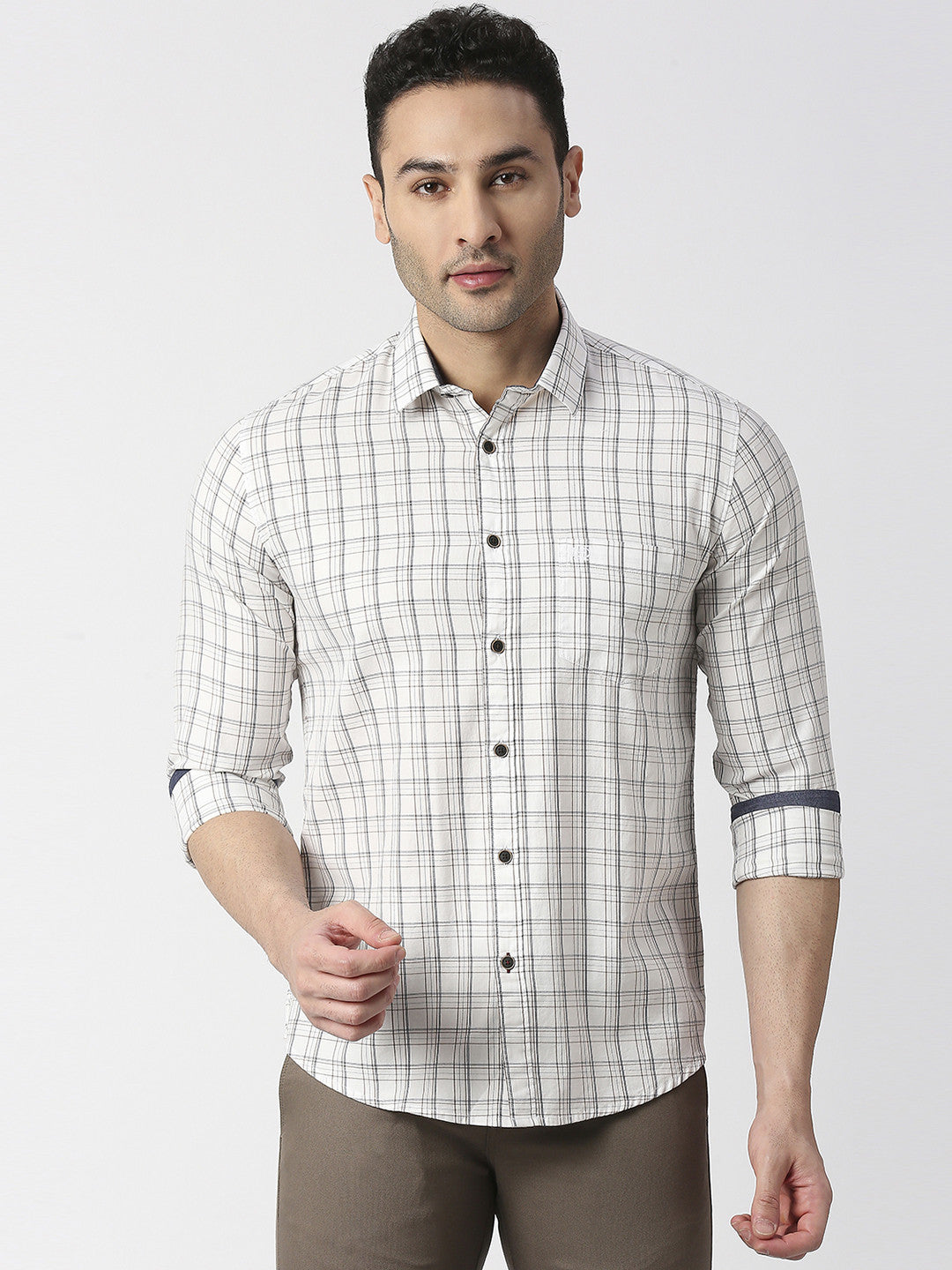 Off White Twill Checked Shirt With Pocket