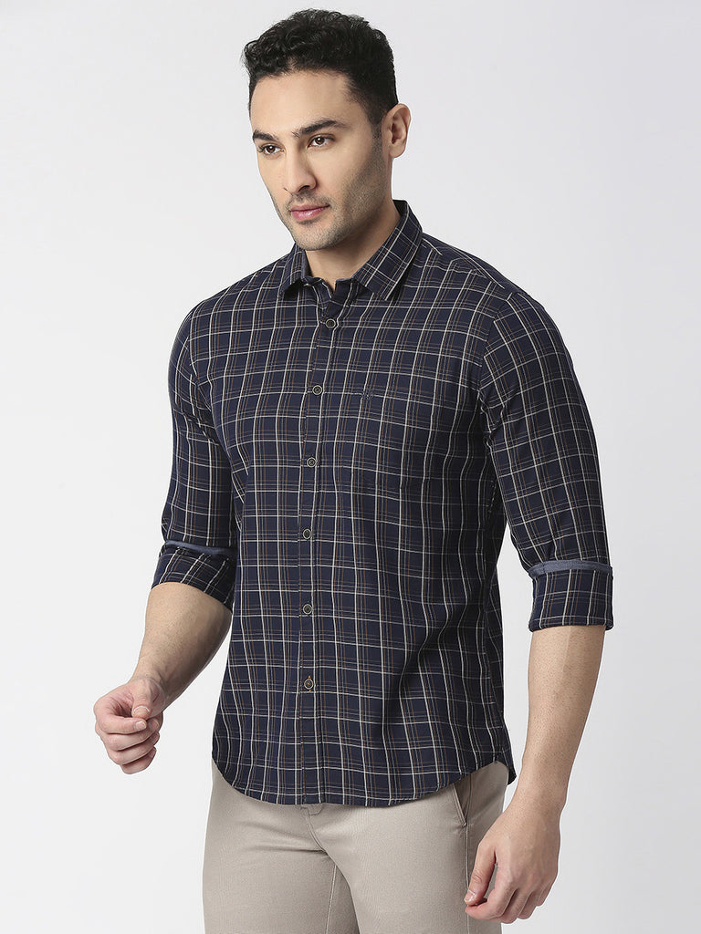 Navy Twill Checked Shirt With Pocket