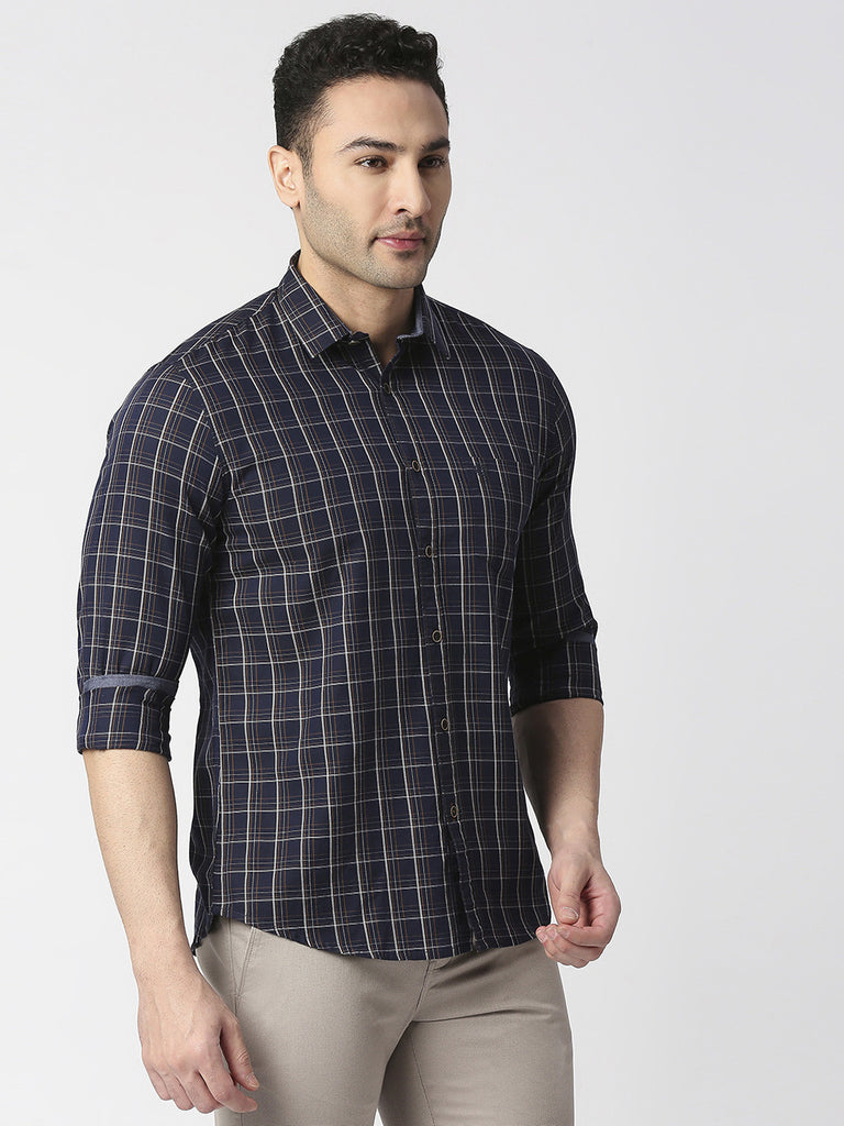 Navy Twill Checked Shirt With Pocket