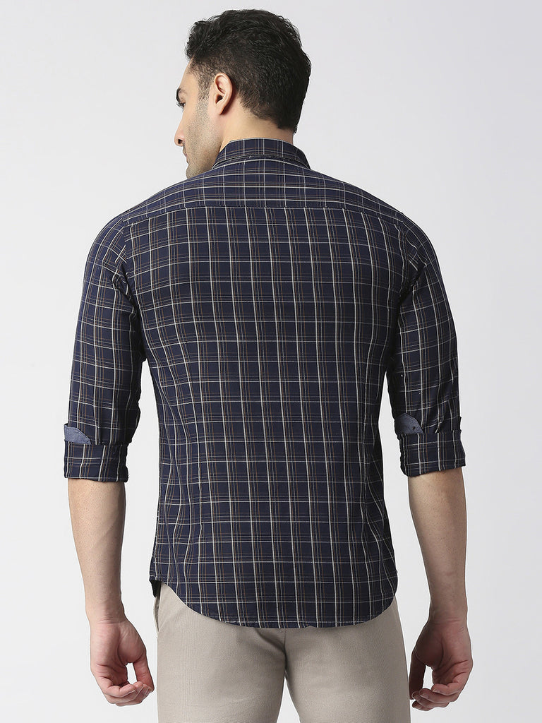 Navy Twill Checked Shirt With Pocket