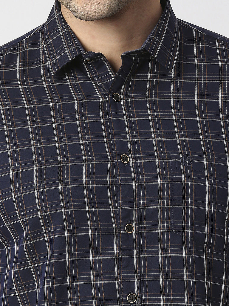 Navy Twill Checked Shirt With Pocket