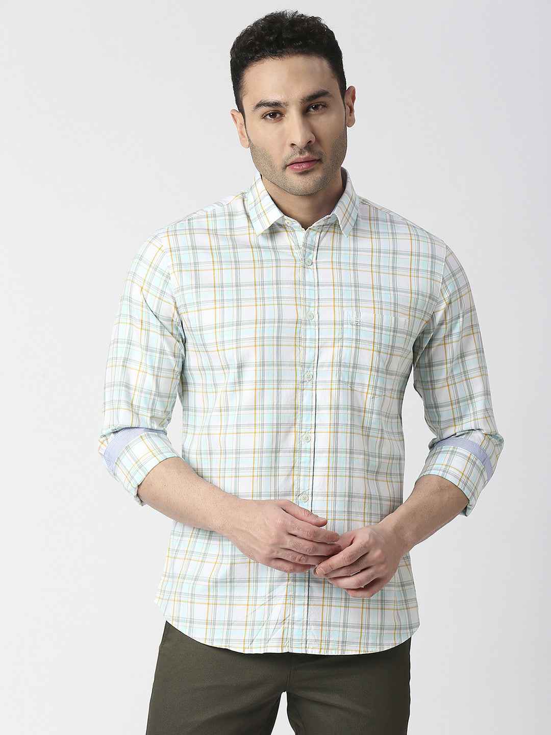 Aqua  Blue Fine Twill Checked Shirt With Pocket