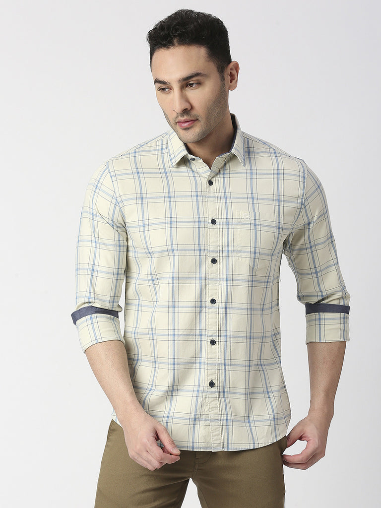 Beige Premium Cotton Fine Twill Checks Shirt