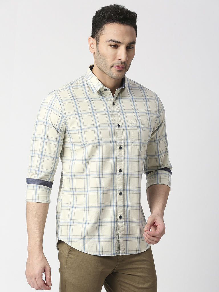 Beige Premium Cotton Fine Twill Checks Shirt