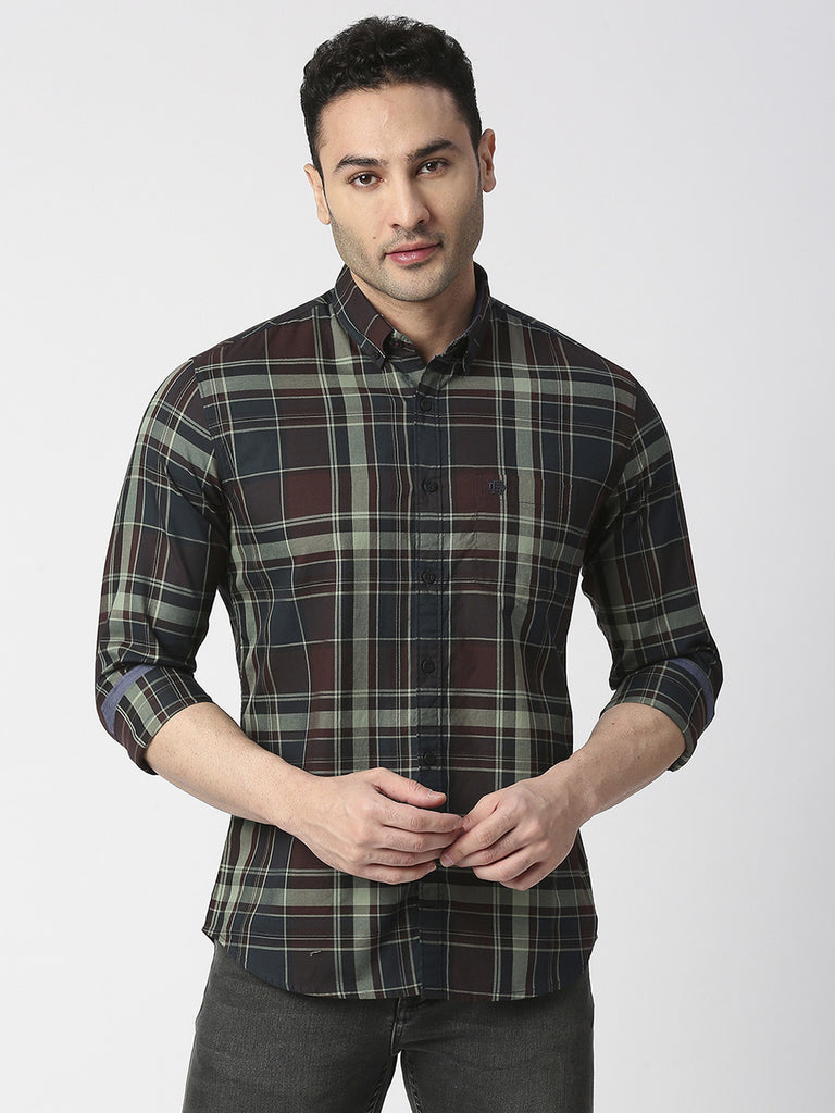 Wine Twill Checked Shirt With Pocket