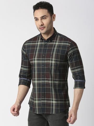 Wine Twill Checked Shirt With Pocket