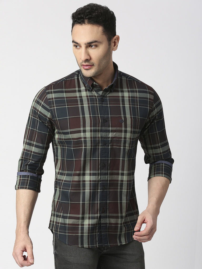 Wine Twill Checked Shirt With Pocket
