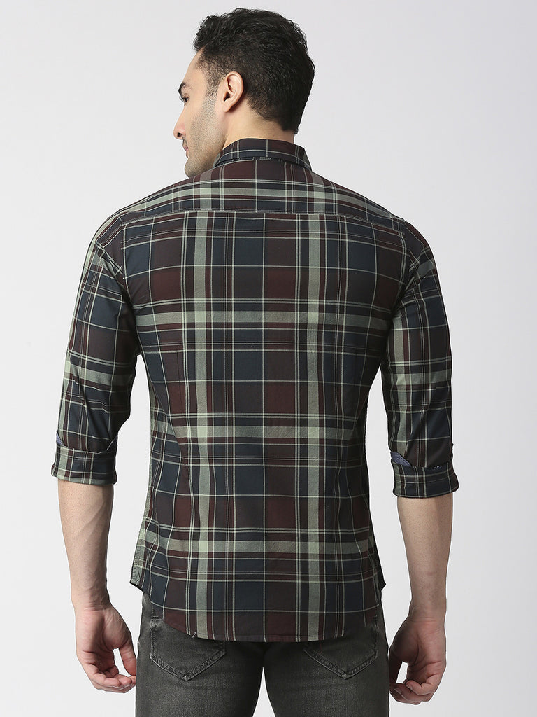 Wine Twill Checked Shirt With Pocket