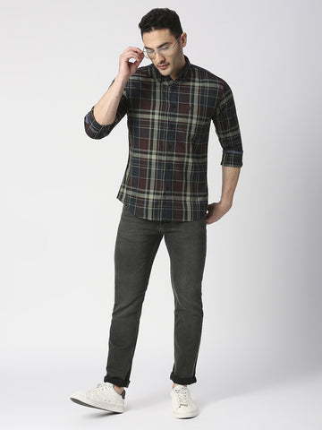 Wine Twill Checked Shirt With Pocket