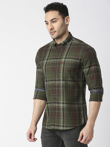 Olive Twill Checked Shirt With Pocket