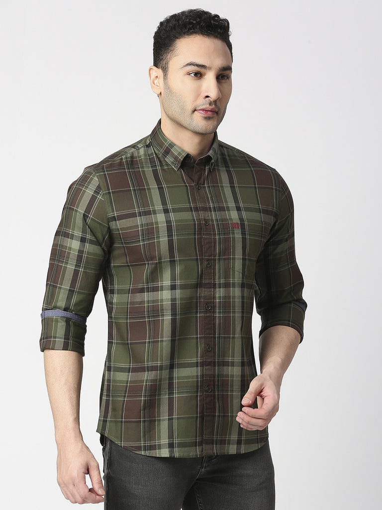 Olive Twill Checked Shirt With Pocket